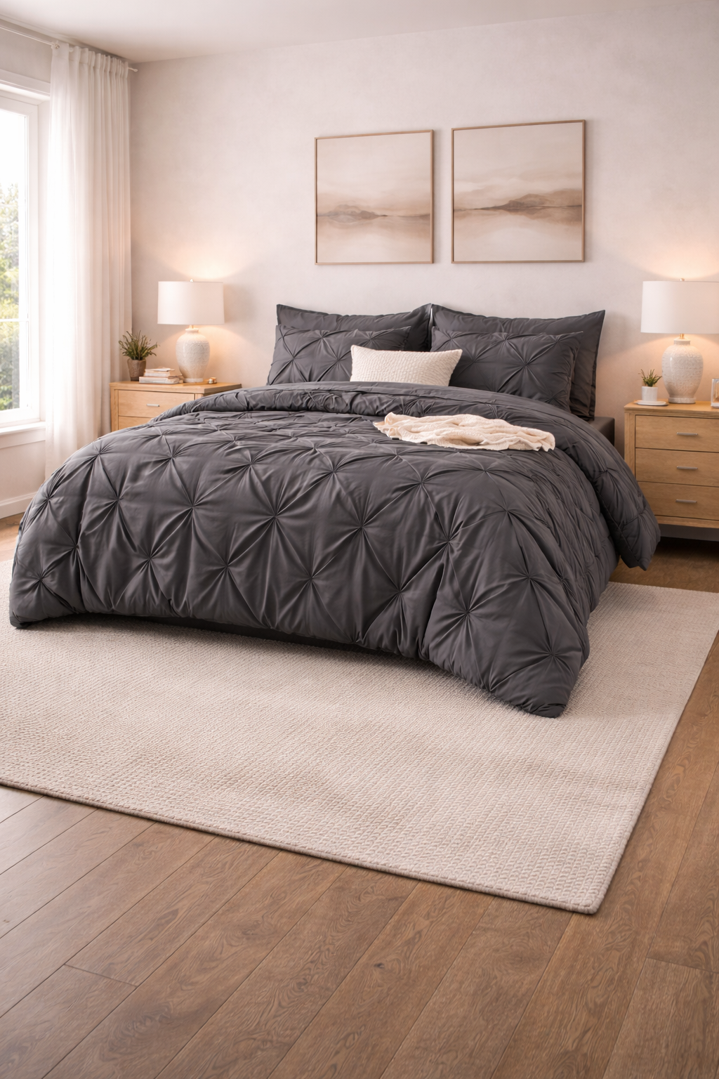 BEDSURE QUEEN PINTUCK BED-IN-A-BAG- DARK GRAY PINCH PLEAT COMFORTER SET WITH SHEETS AND PILLOWCASES AND PILLOWSHAMS
